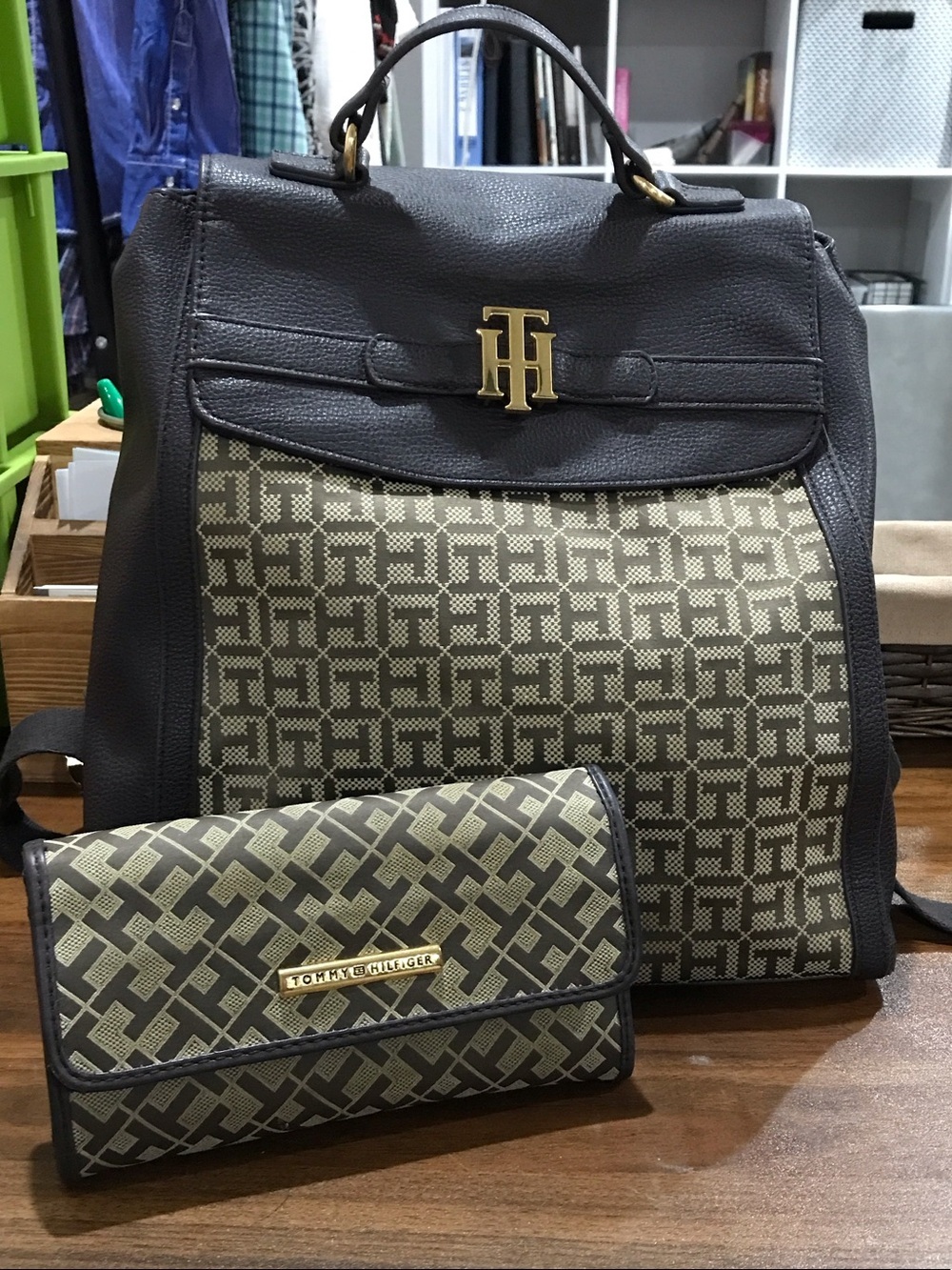 Tommy Hilfiger Brown & Beige Monogram Leather Backpack with Wallet